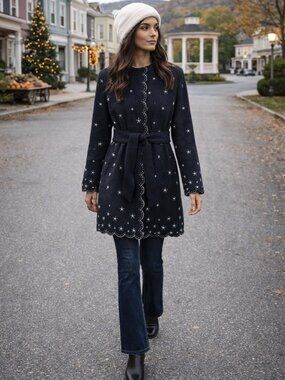 Sigrid Olsen Embroidered Wool Women's Coat Black Scalloped Trim Belted S/M